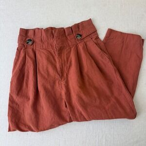 Zara Woman Rust Orange Linen Blend Paperbag Waist Pleated Tapered Pants Size M